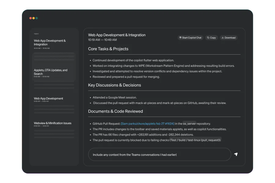 Pieces for Developers workspace showing AI-powered meeting summaries and development tasks in a dark-mode interface.