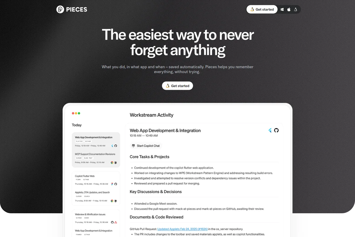 Pieces homepage hero showcasing workstream activity tracking with a modern dark-mode UI and app integration icons.