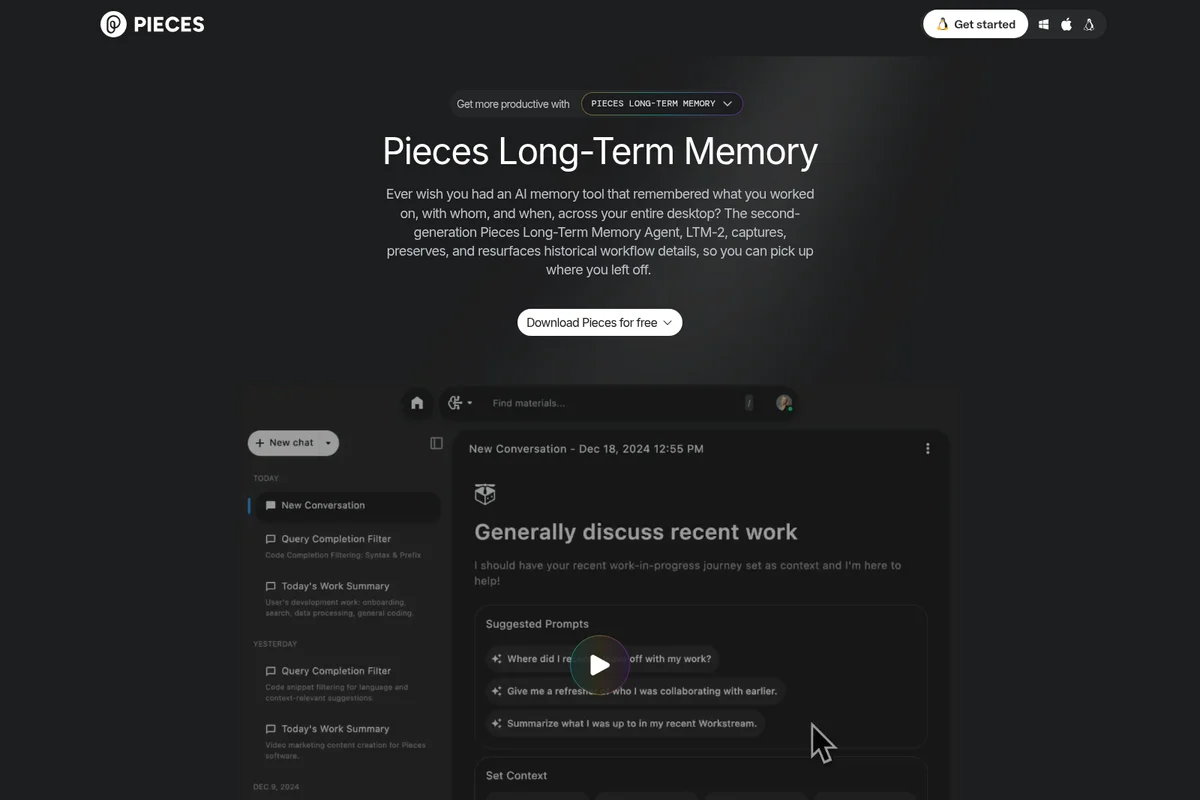 Pieces Long-Term Memory page showcasing the AI memory feature and a dark-mode chat workspace with suggested prompts.