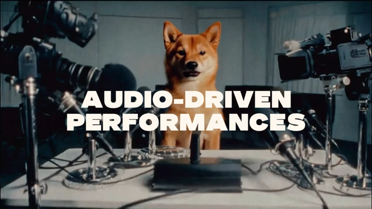 Pika output sample showing a Shiba Inu dog at a press conference table, illustrating audio-driven performance generation in a dramatic, realistic style.