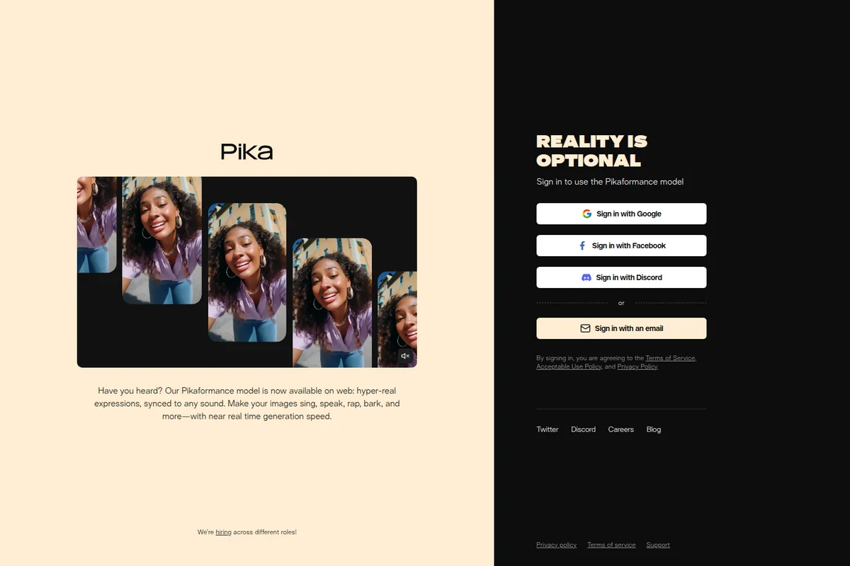 Pika homepage demonstrating hyper-real animated faces using the Pikaformance model with a modern split-theme design and login options.