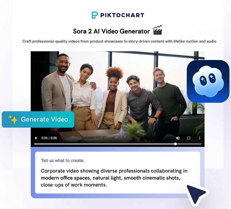 Piktochart Sora 2 AI Video Generator showing diverse professionals in a generated corporate video with a text prompt interface.