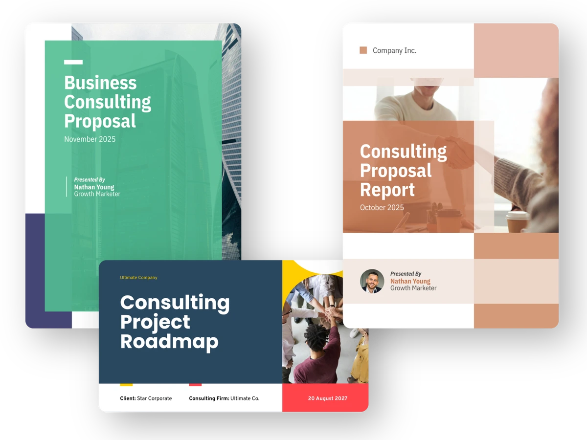 Piktochart output sample showing three distinct business proposal and project roadmap covers with varied layouts and design themes.