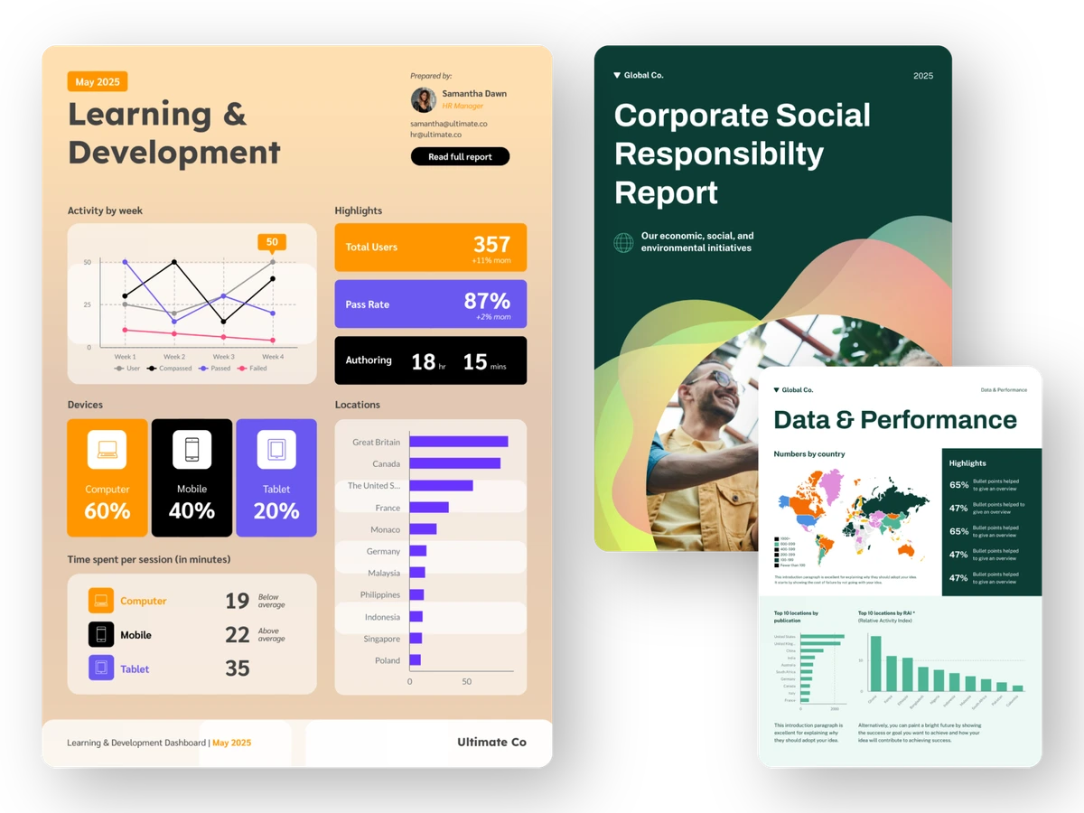 Piktochart output samples showcasing data-rich dashboards and professional report covers with a clean, modern design.