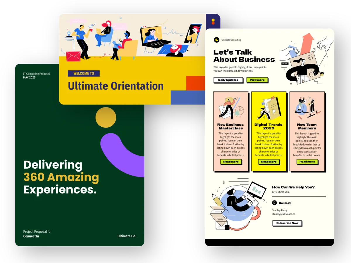 Piktochart output samples showing various marketing, business, and consulting proposal templates with a modern, illustrated design.