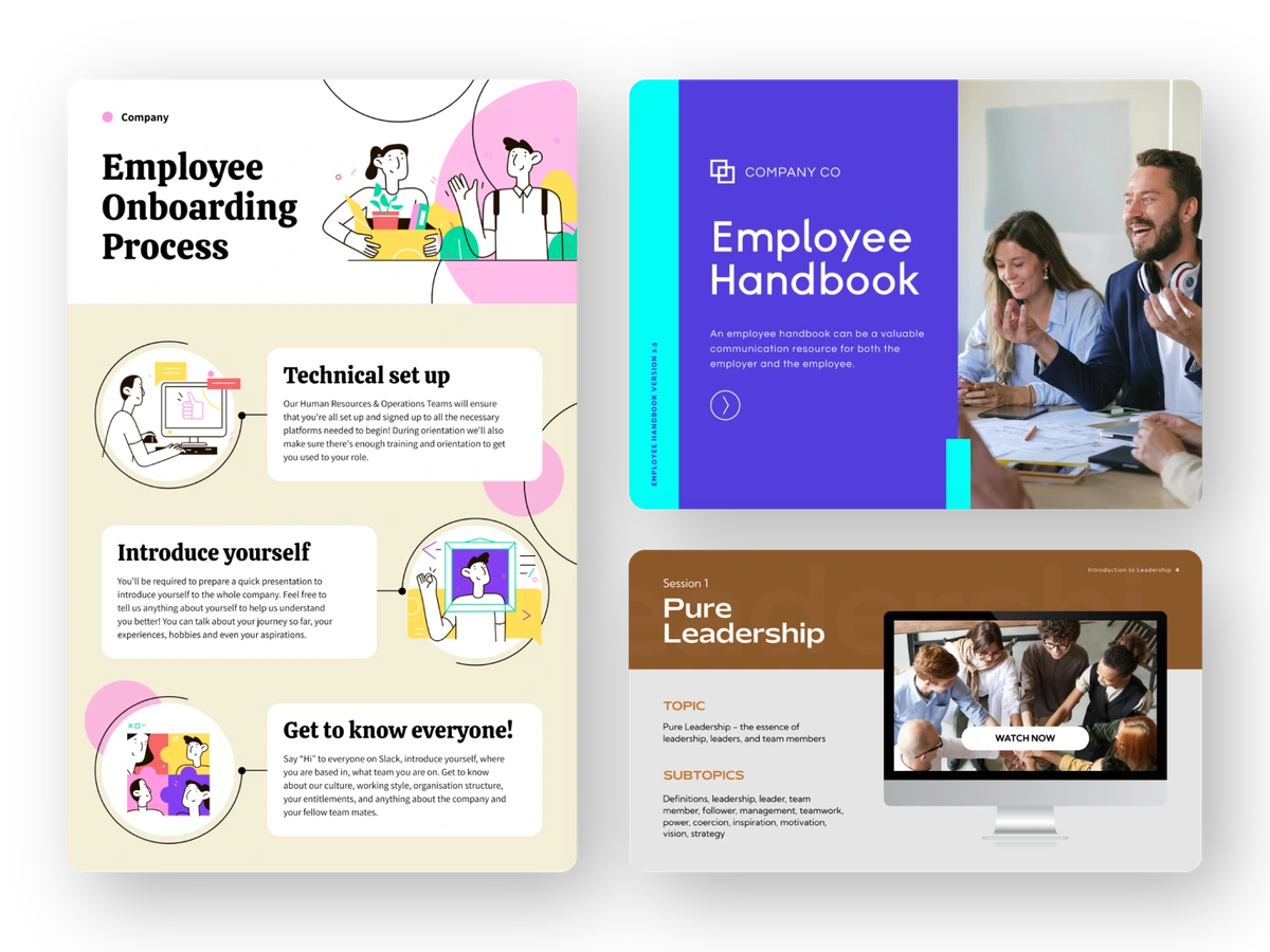 Piktochart output samples showing an employee onboarding infographic, an employee handbook, and a leadership presentation with a modern graphic design.