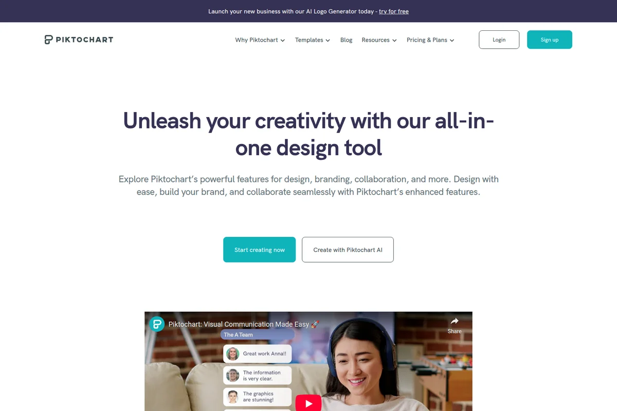 Piktochart homepage hero section promoting an all-in-one design tool, featuring a video demonstrating visual communication.