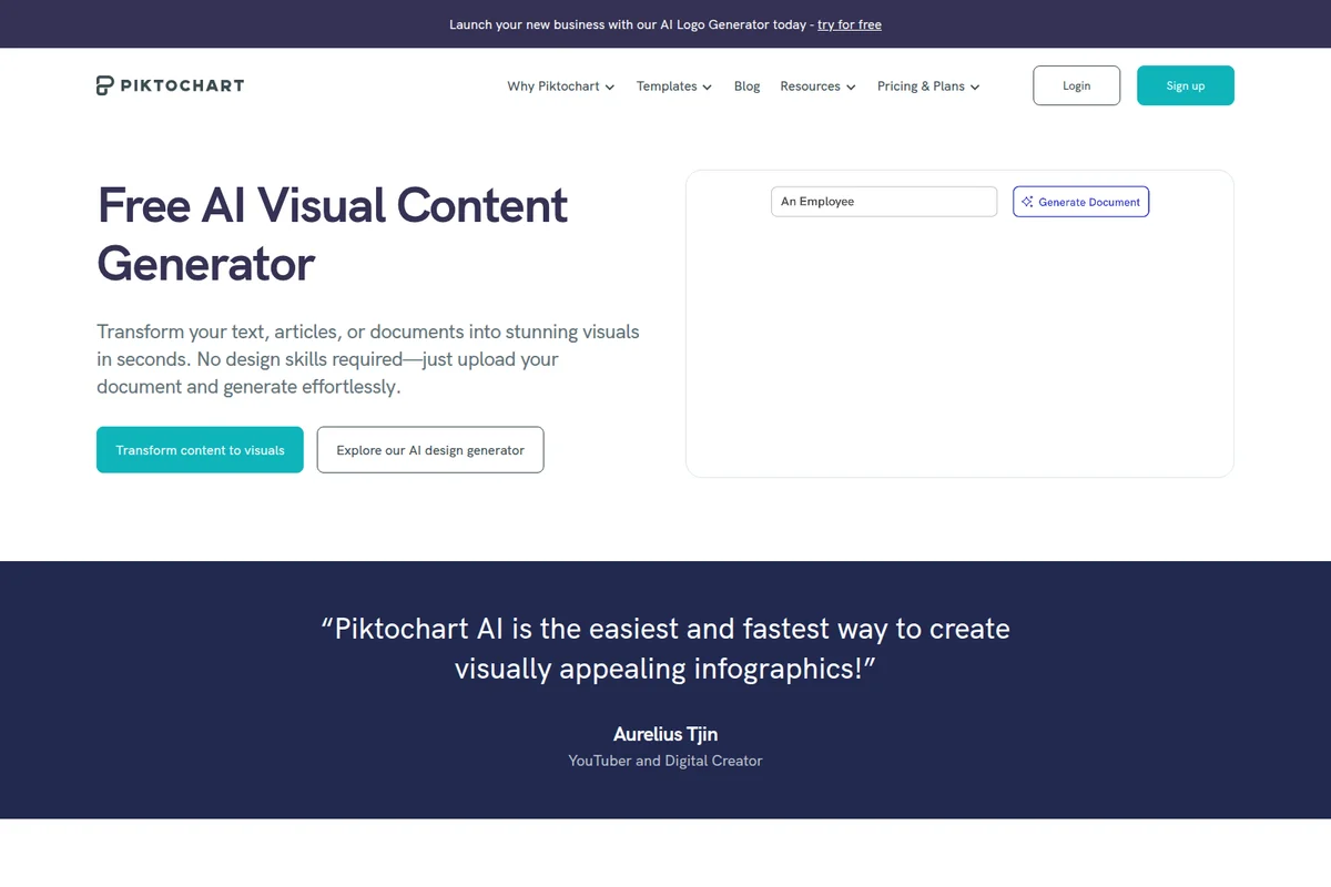 Piktochart landing page showing an AI visual content generator with text input and a clean light interface.