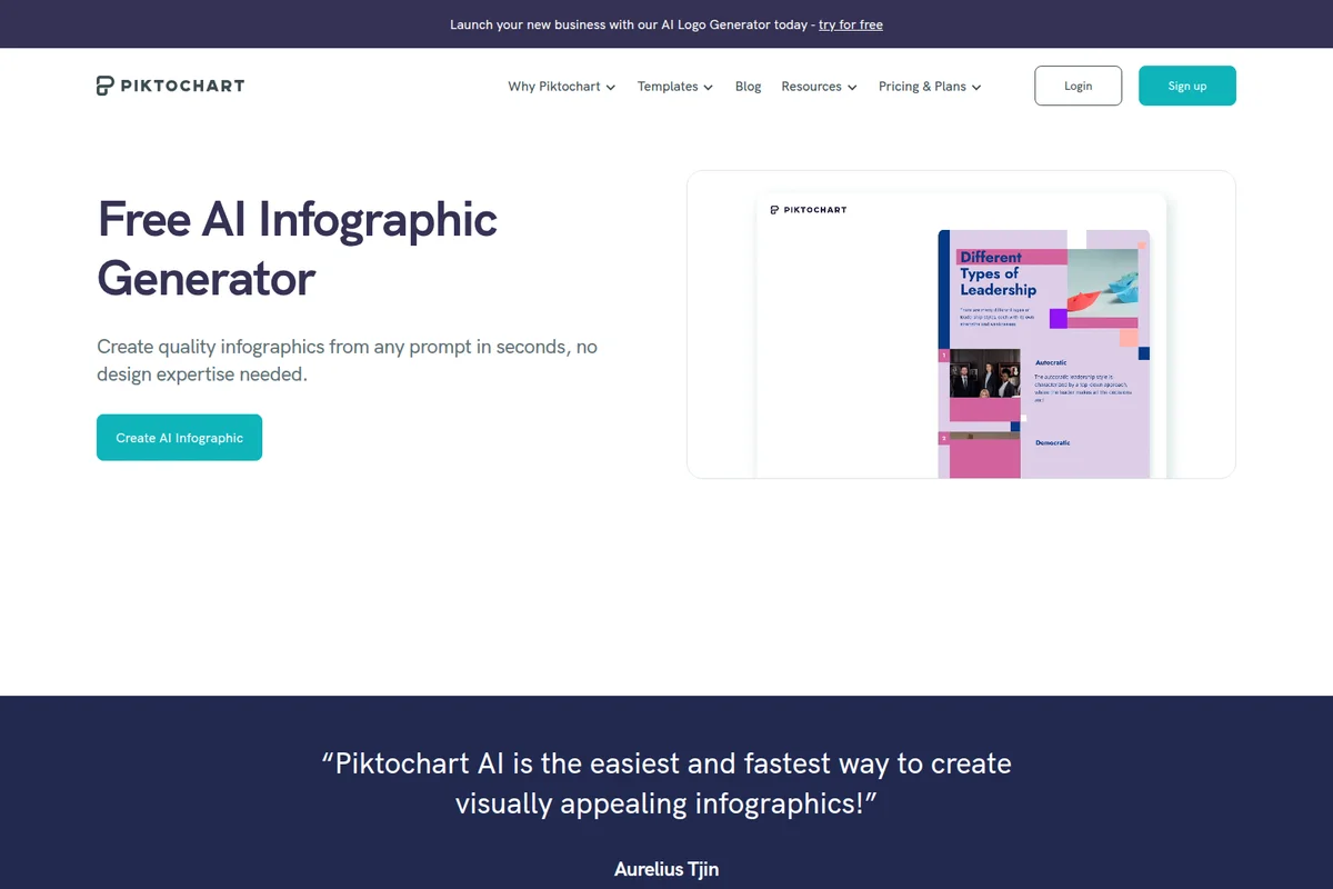 Piktochart landing page showcasing the Free AI Infographic Generator with a visual preview of a 'Types of Leadership' infographic, presented in a clean and modern design.