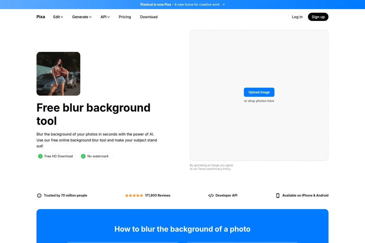 Pixa blur background tool showing an image upload interface with a clean light theme