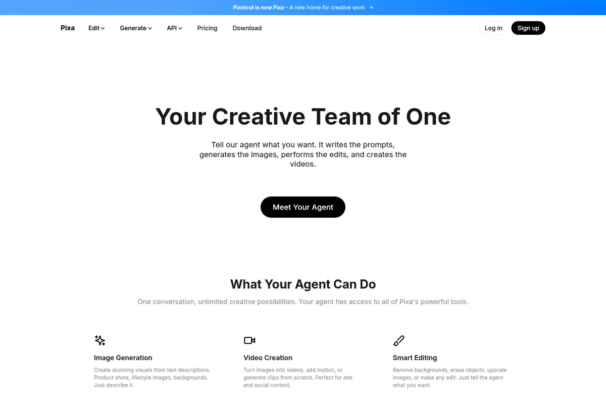 Pixa agent landing page introducing the 'Your Creative Team of One' AI agent with a clean, minimalist white interface.