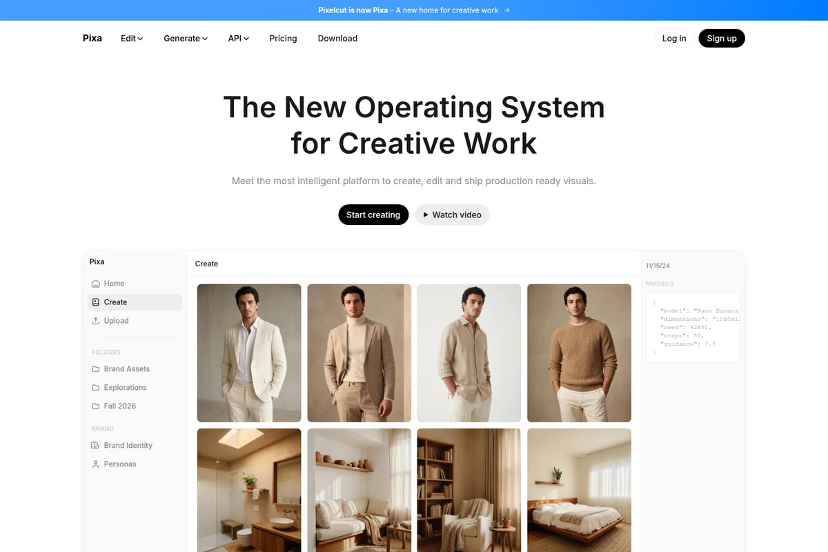 Pixa workspace UI displaying a grid of creative visuals including models and interior designs, with metadata panel in a clean interface.