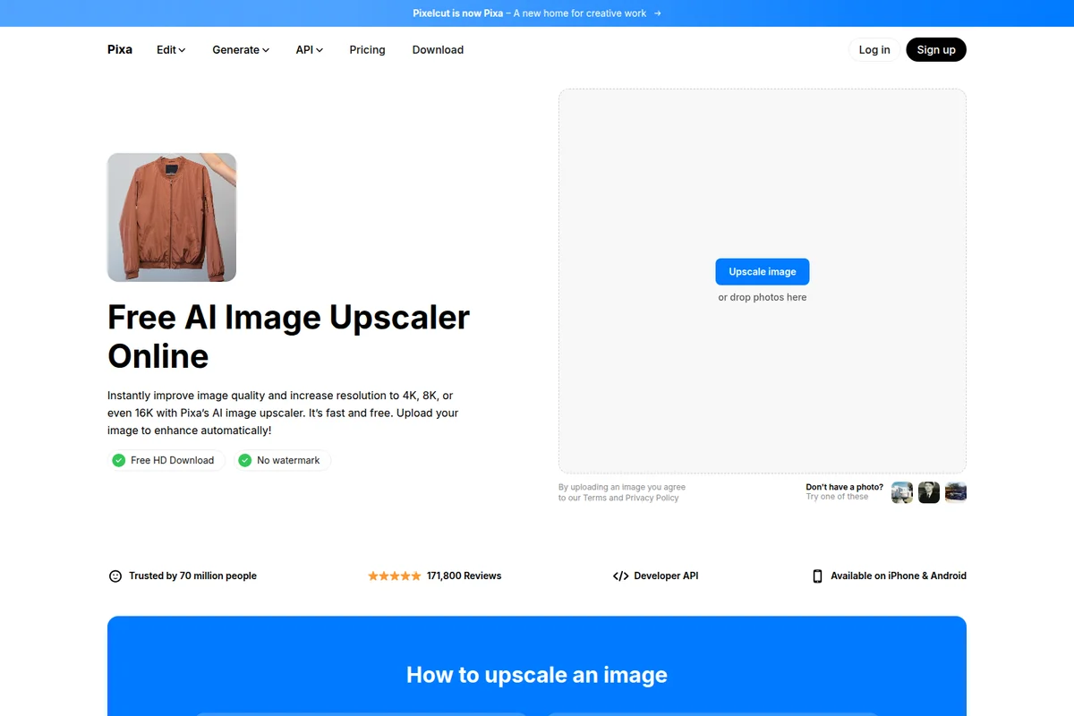 Pixa's AI image upscaler workspace showing a jacket image ready for upscaling in a clean, light-theme interface.