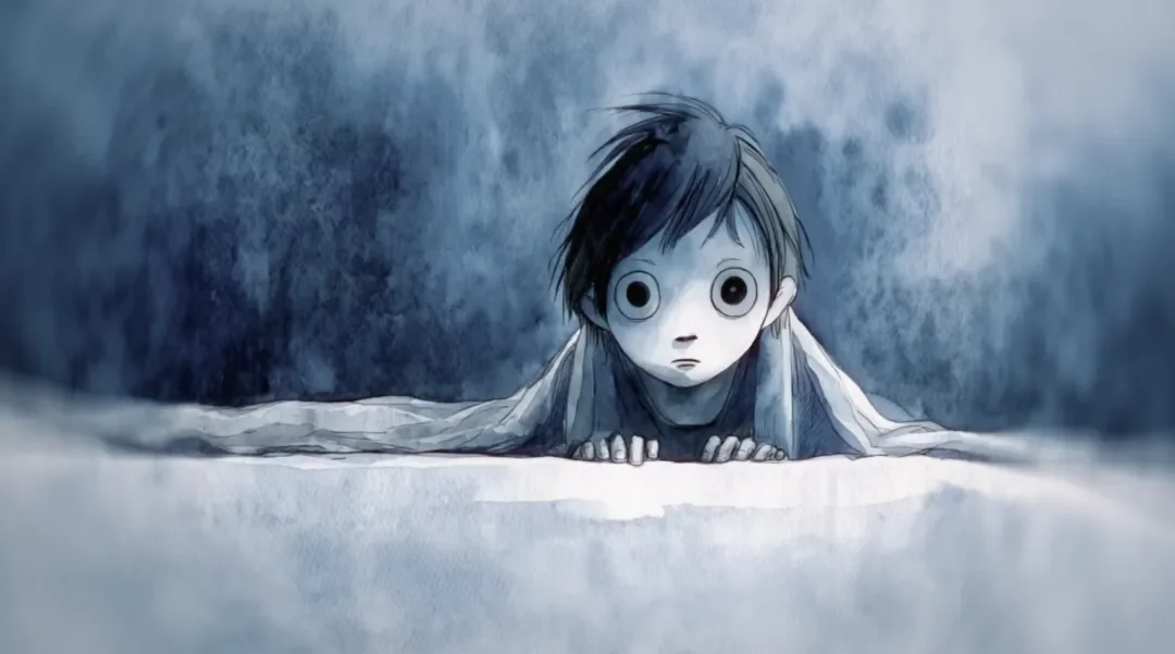 PixVerse output sample showing a wide-eyed animated character emerging from mist, in a monochromatic blue style.