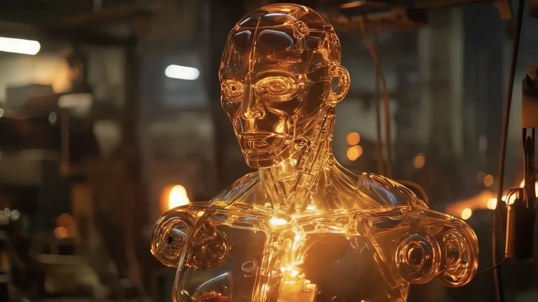 PixVerse output sample showing a golden transparent humanoid robot bust with intricate internal mechanisms and a glowing core in a warm, industrial setting.