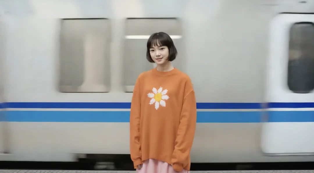 Pixverse AI-generated video frame showing a young woman standing in front of a blurred, moving train, demonstrating photorealistic output.
