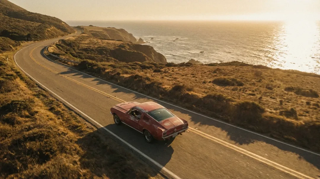 Pixverse output sample showing a classic red car driving on a coastal road at sunset with a cinematic, photorealistic style.