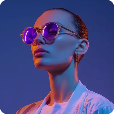 Pixverse output sample showing a stylized portrait of a woman with vibrant neon lighting and purple sunglasses.