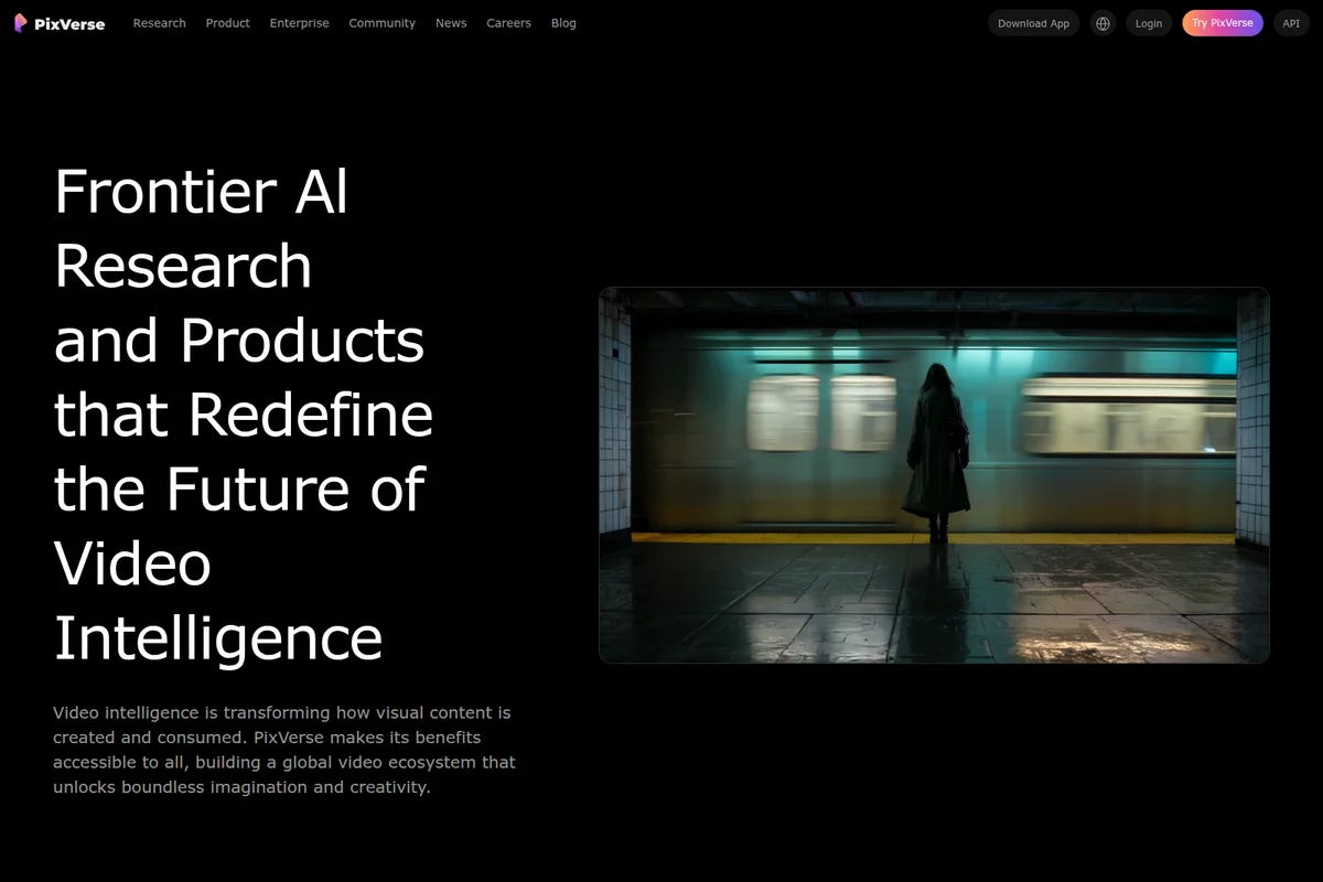 PixVerse homepage hero section illustrating frontier AI research and products redefining video intelligence with a cinematic subway scene.