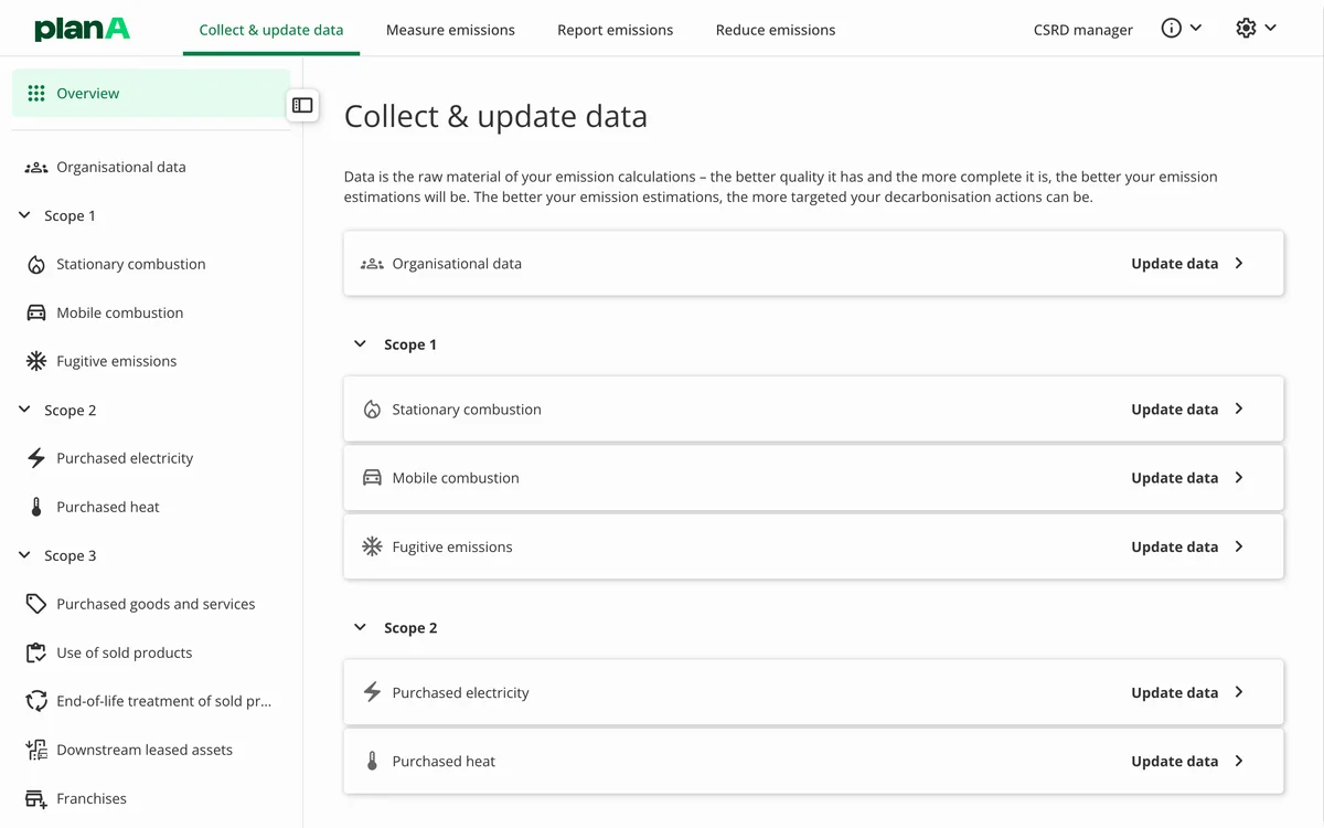 planA workspace showing emissions data collection points and 'Update data' actions in a clean, modern interface.