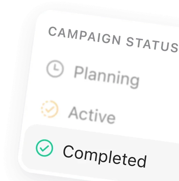 Planable campaign status tracker showing planning, active, and completed stages in a clean, modern interface.