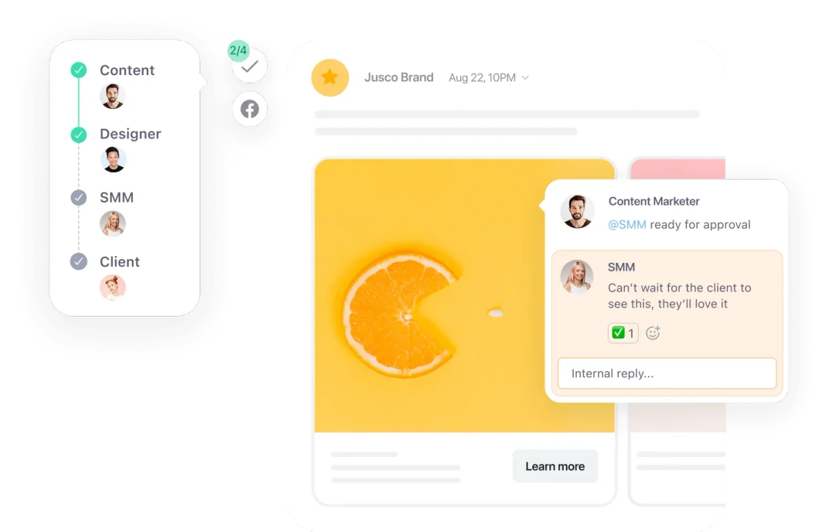 Planable content approval workspace showing a social media post preview, comments, and a clear multi-step workflow.