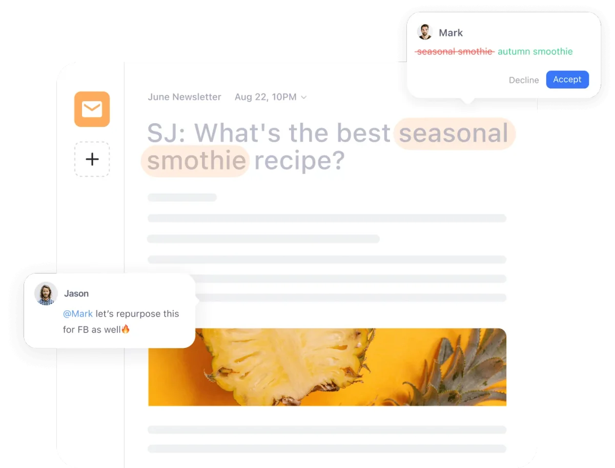 Planable workspace showing collaborative content editing with AI suggestions for a newsletter and team comments.