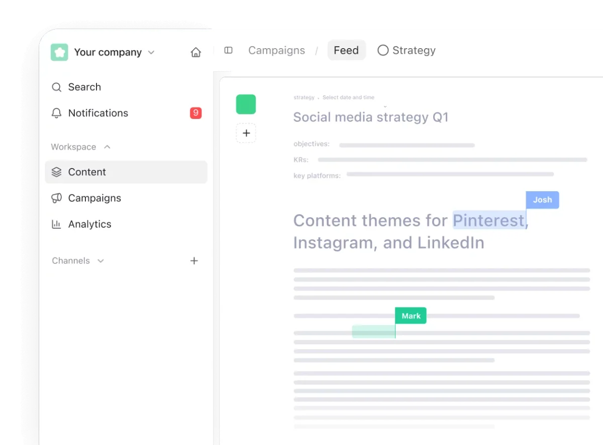 Planable workspace showing collaborative content strategy planning for social media, with user annotations on a clean, modern UI.
