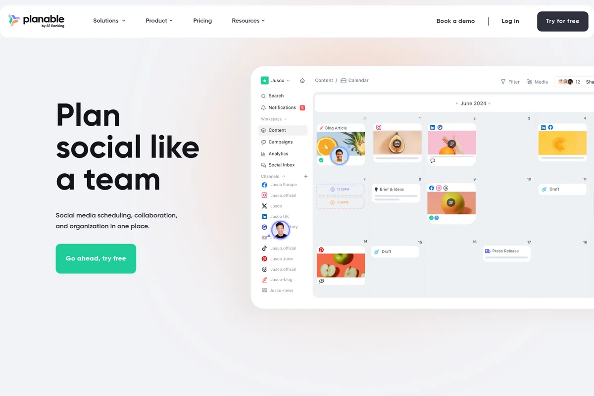 Planable social media calendar workspace showing scheduled content for June 2024 across various social channels in a clean interface.
