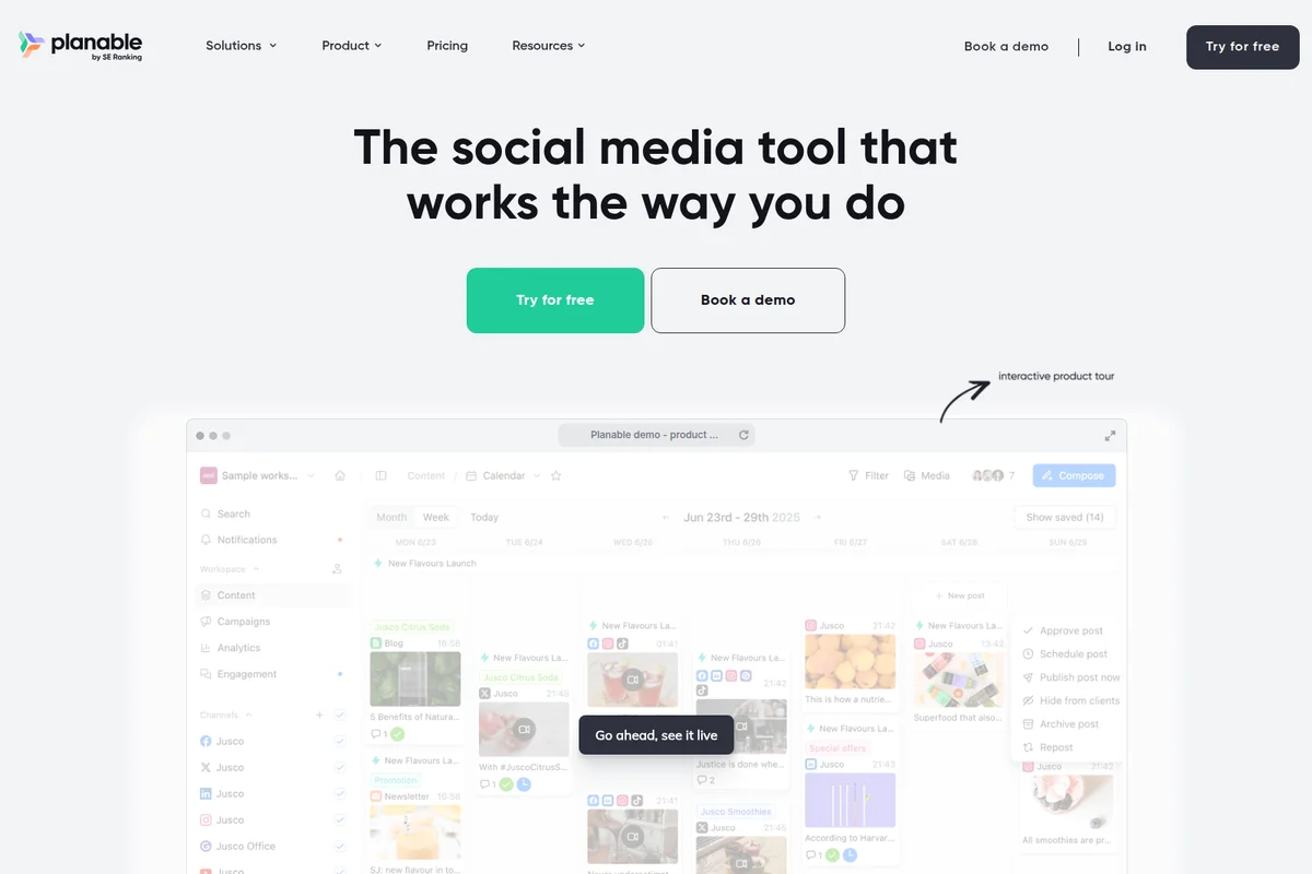 Planable social media calendar showing scheduled posts and content drafts with a clean, modern interface.