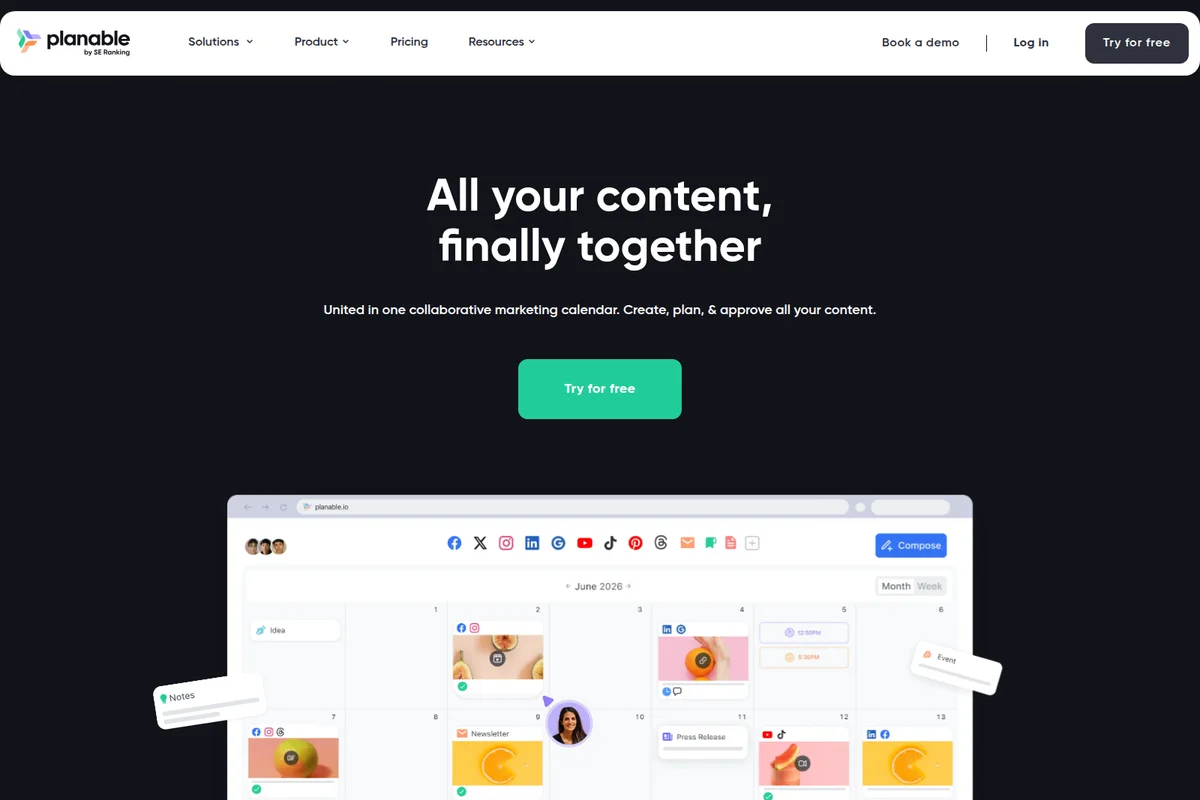 Planable content calendar showing collaborative marketing planning with a dark-themed modern interface.