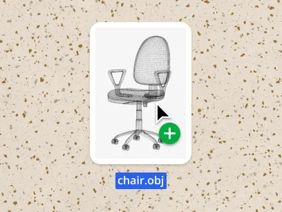 Planner-5D asset library showing a wireframe 3D model of an office chair with a click-to-add cursor.