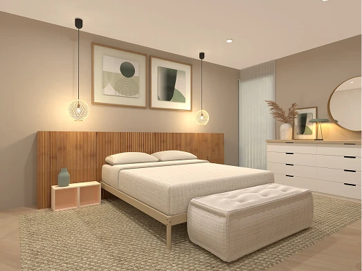 Planner 5D output sample showing a modern bedroom design with warm neutral tones and minimalist decor.