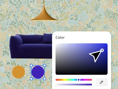 Planner 5D workspace showing an interior design with a purple sofa, gold lamp, and an active color picker for object customization.