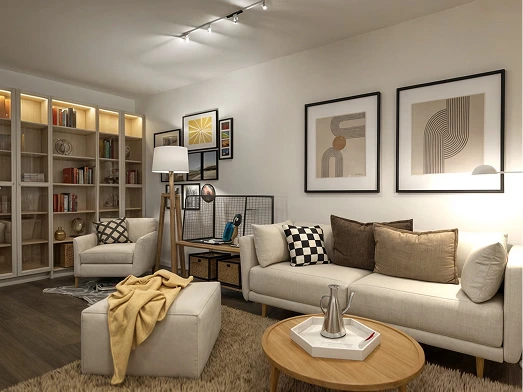 Planner 5D output sample showing a modern living room design with warm, inviting lighting.