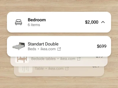 Planner 5D workspace showing a bedroom item list with prices and external links in a clean card interface.