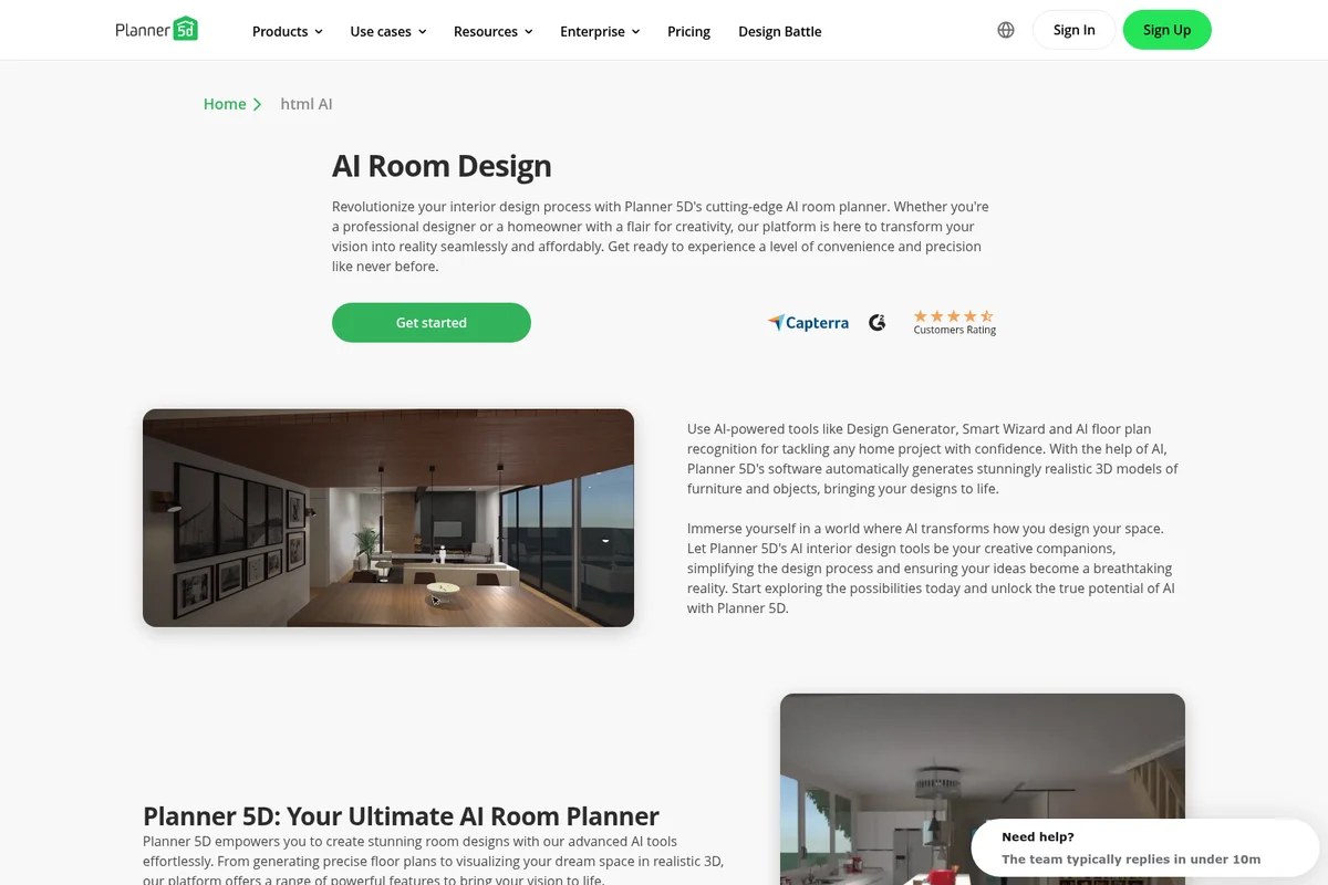 Planner 5D AI Room Design feature page showing a stunning photorealistic 3D render of a modern living space with large windows.