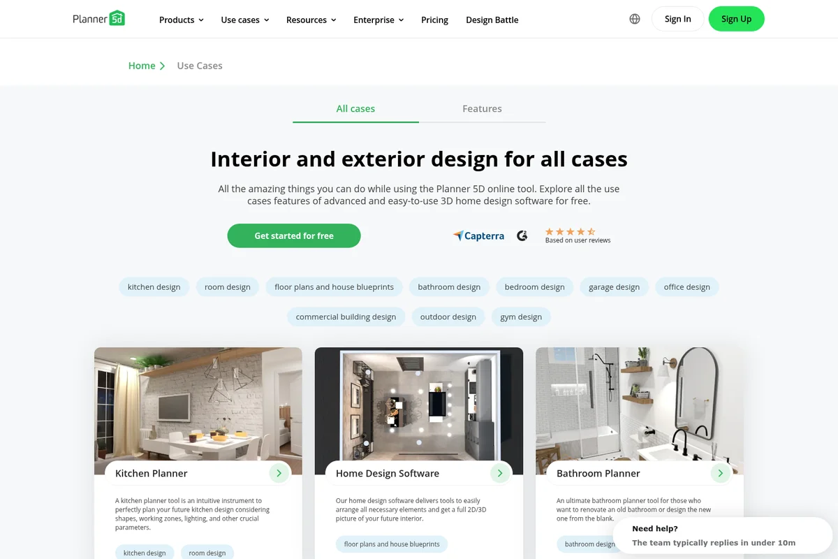 Planner 5D Use Cases page showcasing interior and exterior design capabilities with clean cards and 3D rendered project examples.