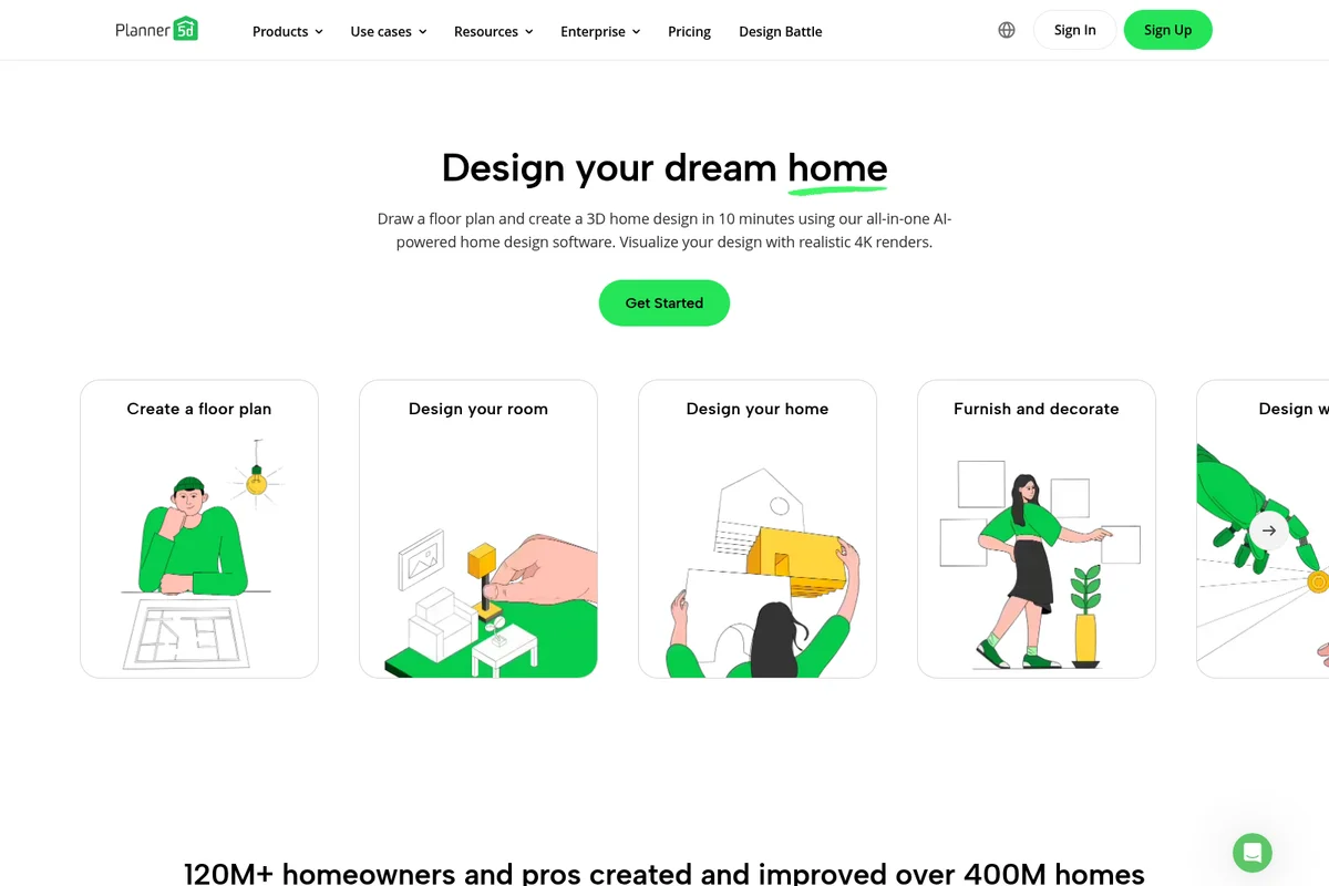 Planner 5D homepage displaying home design capabilities with illustrative steps and a clean UI.