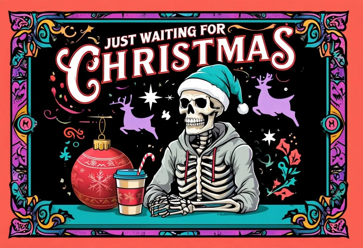 Playground AI output showcasing a skeleton in a Santa hat waiting for Christmas, in a vibrant street art illustration style.