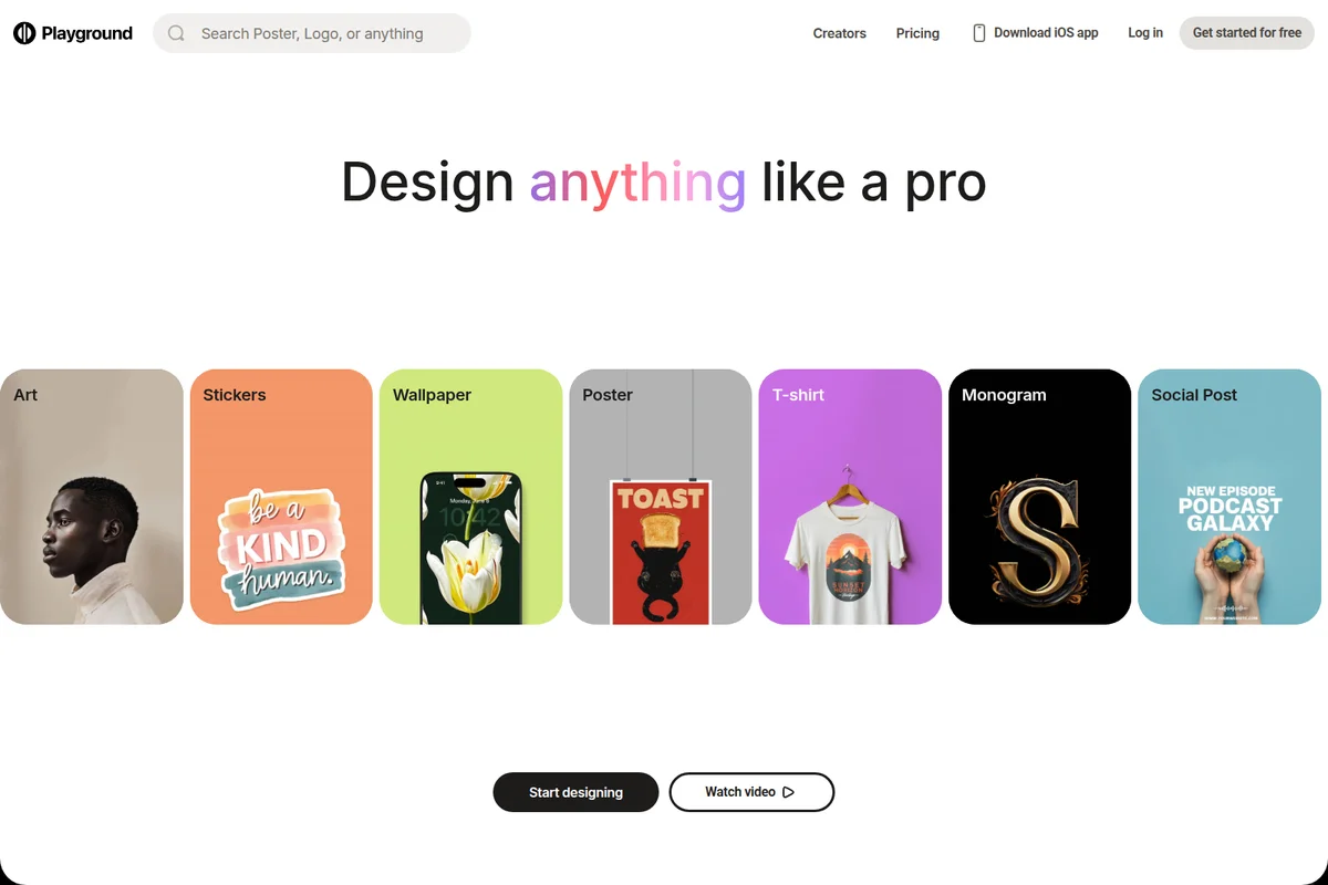 Playground homepage showcasing diverse design categories including art, stickers, wallpaper, and T-shirts with a clean, modern interface.