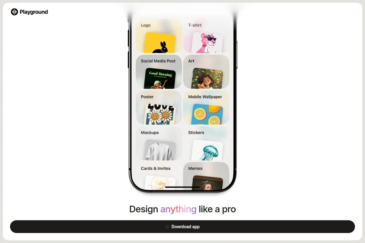 Playground mobile app UI displaying a selection of design categories like Logo, T-shirt, and Art, within a sleek phone mockup.