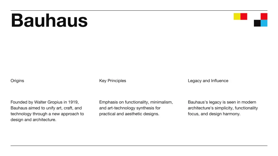 plus-ai generated presentation slide detailing Bauhaus origins, principles, and legacy with a clean, minimalist design.