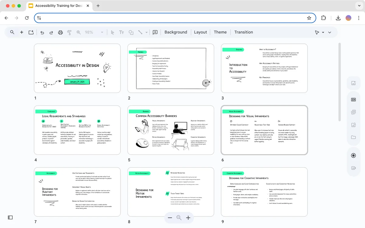 Plus-AI presentation gallery view showing nine accessibility training slides with a hand-drawn sketch aesthetic