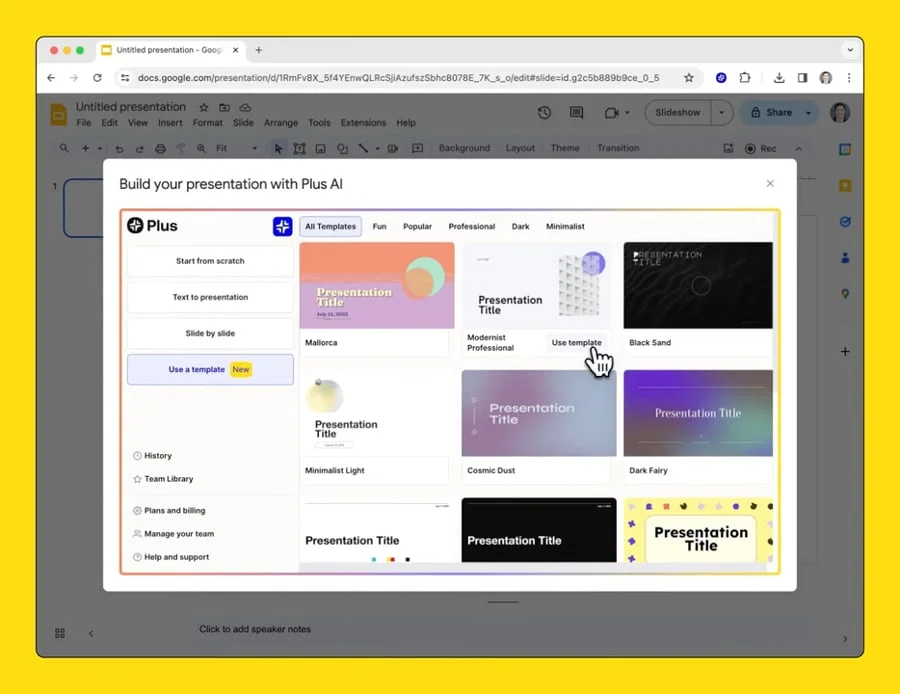 Plus AI presentation builder showing a modal for selecting AI-generated templates with diverse design options and a clean, modern interface.