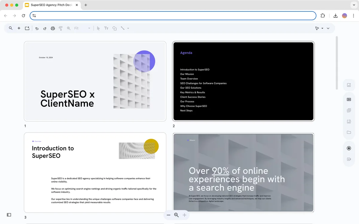 plus-ai presentation viewer showing SuperSEO pitch deck slides in a modern grid interface