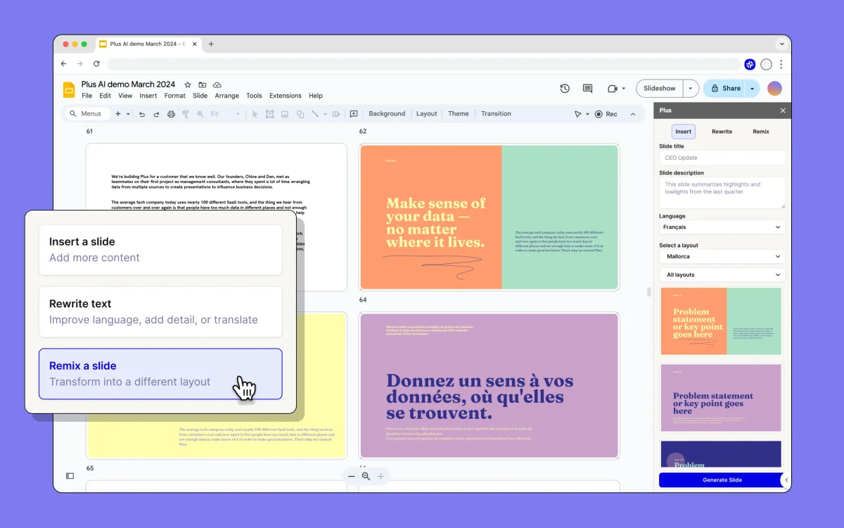 Plus AI presentation workspace showing options to remix a slide with a clean, modern interface.