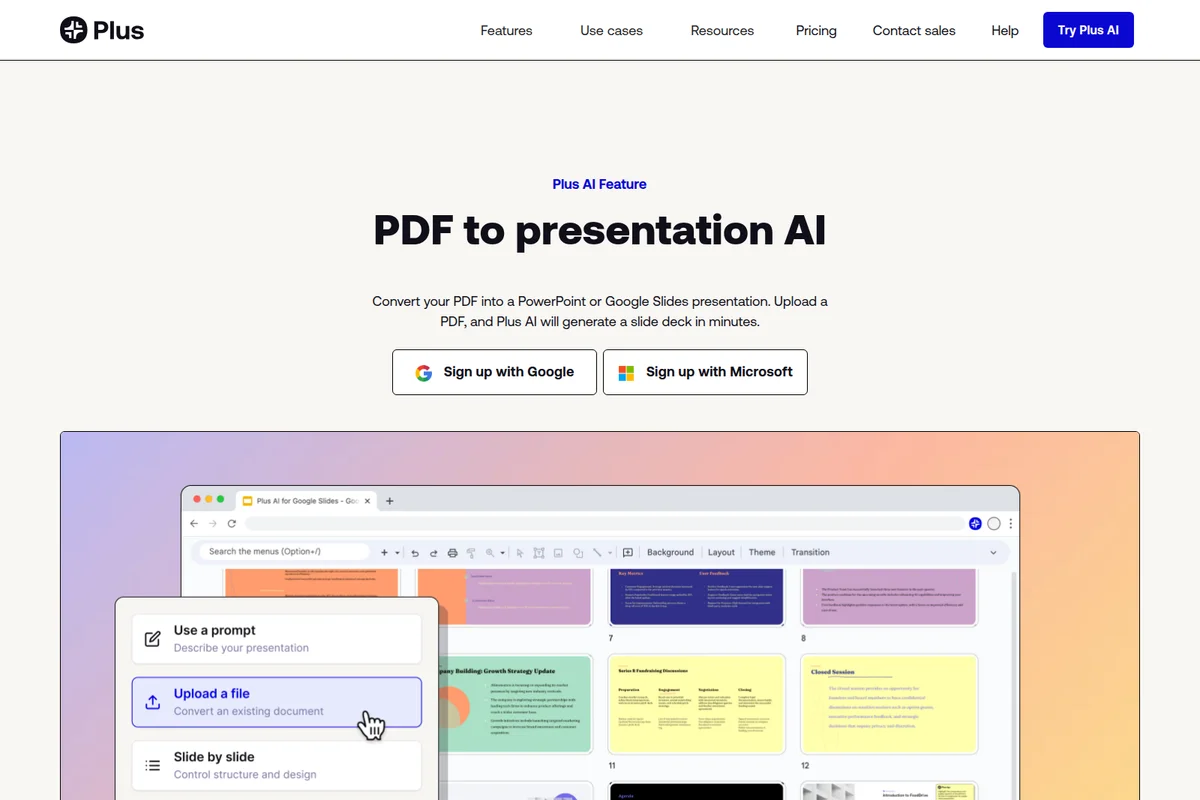 Plus AI feature page demonstrating PDF to presentation conversion in Google Slides, showing 'Upload a file' highlighted in the UI.