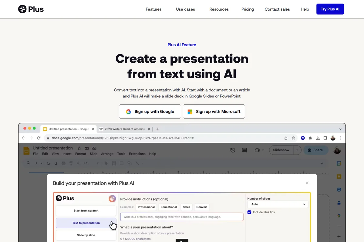 Plus AI workspace showing the 'Text to presentation' modal for generating slides from text, integrated within a Google Slides browser window.