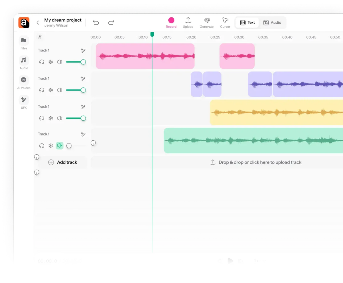 Podcastle workspace UI showing multiple colored audio tracks on a timeline with a clean light-mode interface.